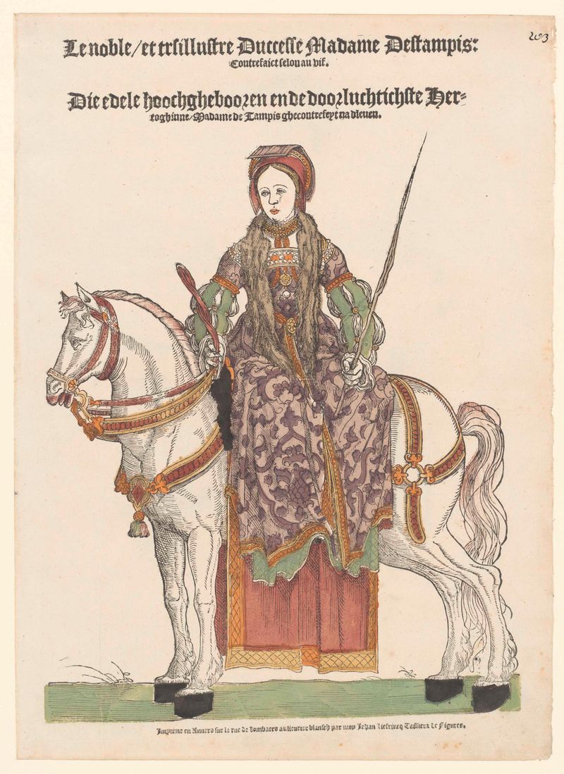 Retrato de Anne de Pisseleu a caballo, óleo sobre panel de Hans Liefrinck