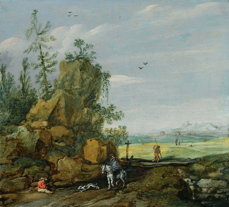 A Rocky Landscape With Travellers And A Horseman On A Path, óleo sobre painel de Esaias van de Velde