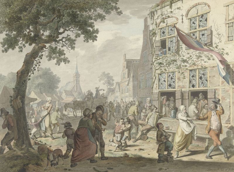 Cena de gênero que retrata um animado festival de vila por Leendert Overbeek, óleo sobre tela