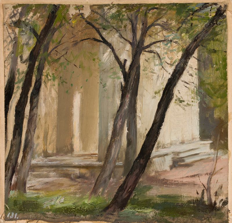 Cena de jardim com artistas trabalhando, pintura a óleo de Jan Ciągliński