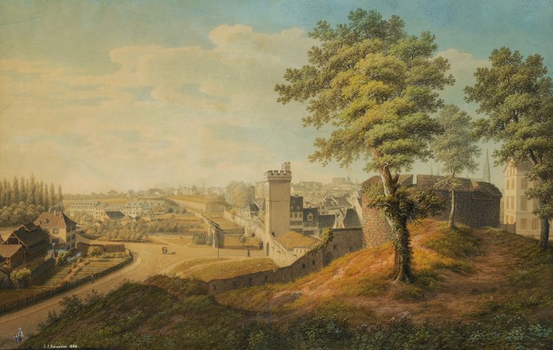 Oil painting by Johann Jakob Schneider depicting bastions and river in Basel
