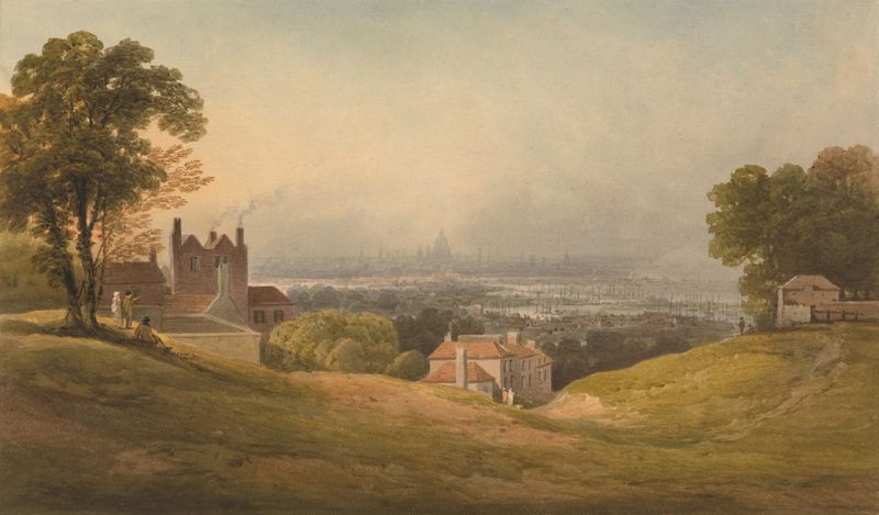 Landscape oil on canvas by Francis Nicholson depicting London from Blackheath at dusk.