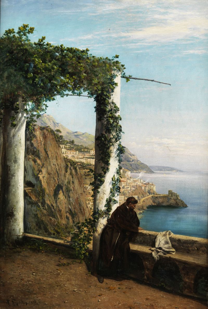 Escena figurativa de un monje en la costa, óleo de Heinrich Gogarten