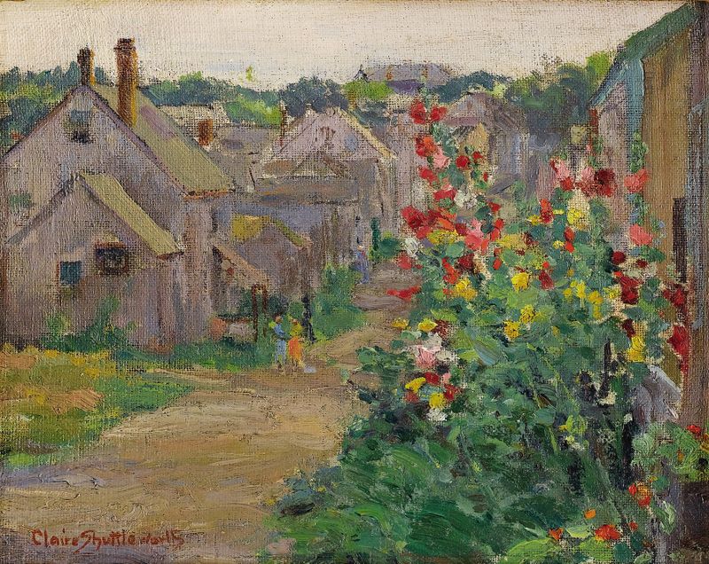 Hollyhocks de Claire Shuttle, óleo sobre lienzo, flores vibrantes que buscan la luz del sol