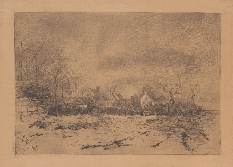 Village landscape with thatched roofs and hills, oil on canvas by Armand Heins