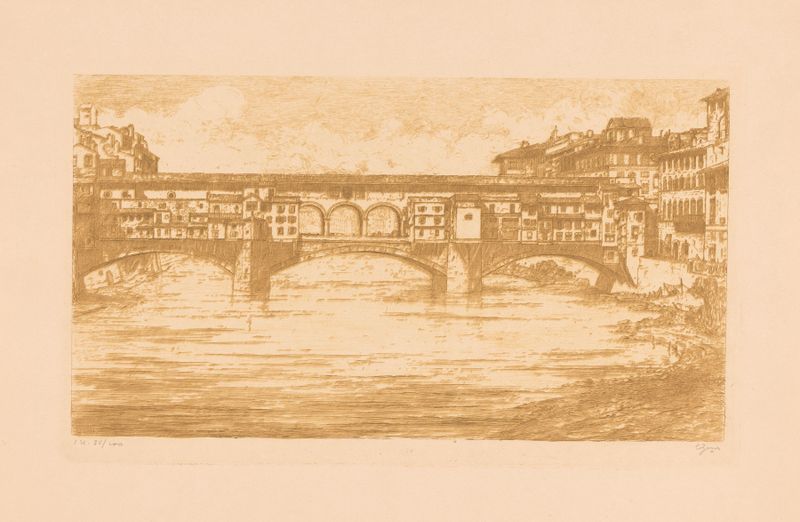 Ponte Vecchio in Florence, oil on canvas by Etienne Bosch, featuring a river and bridge.