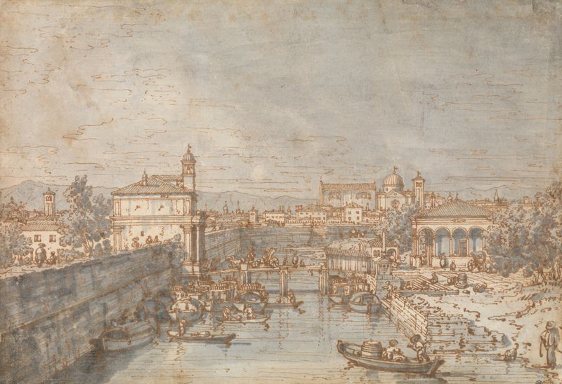 Arquitectura rococó de la Porta Portello y el río Bacchiglione por Canaletto, pintura al óleo