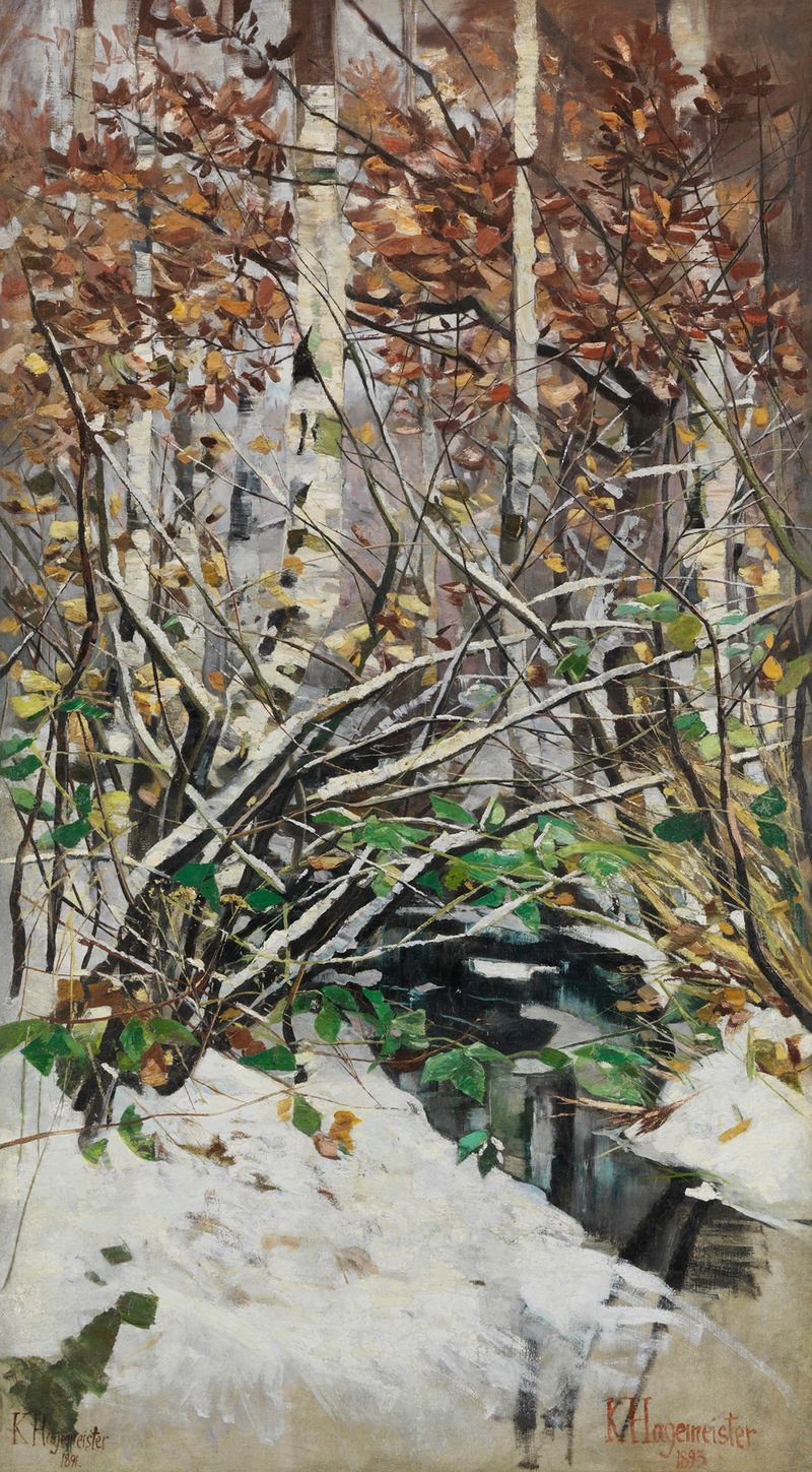 Verschneiter Birkenwald an einem Bachlauf by Karl Hagemeister, oil painting