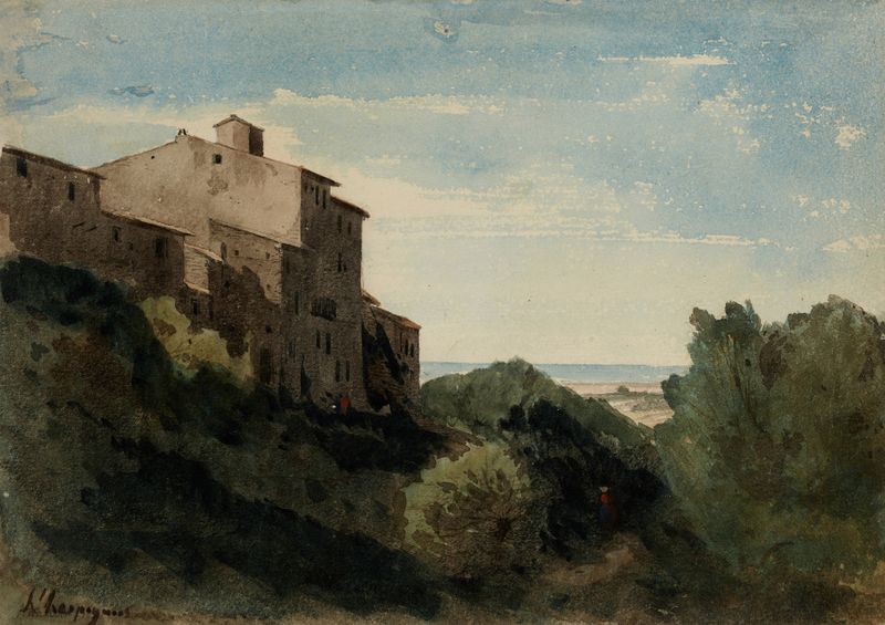 Pintura de paisaje al óleo de Henri-Joseph Harpignies con exuberante vegetación y colinas.