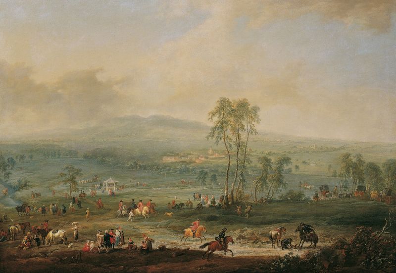 Landscape oil painting by Johann Christian Brand depicting hills and a village