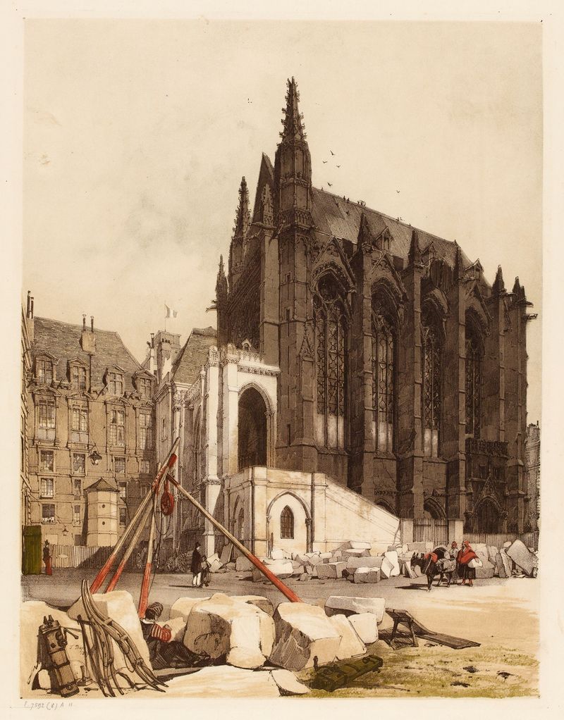 Acuarela de Thomas Shotter Boys que representa Ste Chapelle, París con detalles de vitrales.