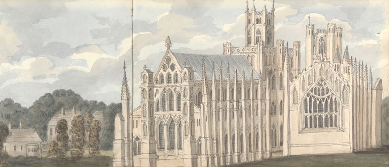 Ely Cathedral de Anne Rushout, aquarela sobre papel, com arquitetura gótica e luz solar.