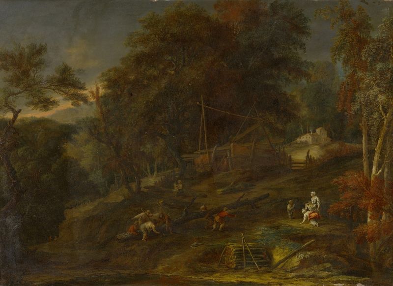 Forest landscape with staffage figures, oil painting by Maximilian Joseph Schinnagl