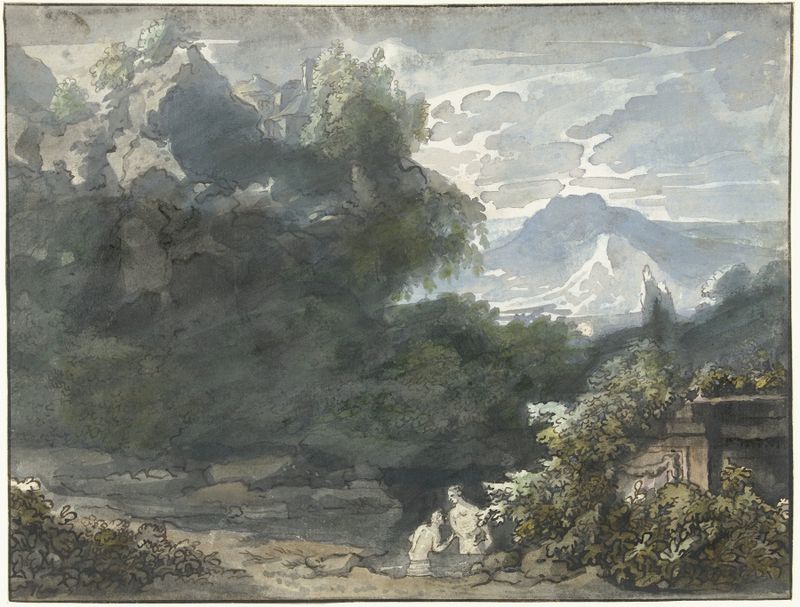 Paisaje con ruinas y montañas de Jacob van Liender, pintura al óleo