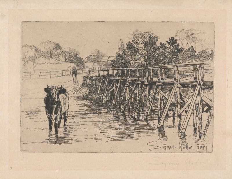 Gravura de Francis Seymour Haden retratando uma cena tranquila de rio em uma aldeia