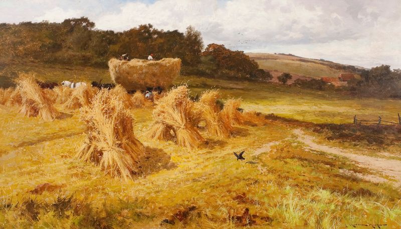 Cornfields near Hastings de John Horace Hooper, óleo sobre lienzo que muestra cultivos dorados y paisaje rural