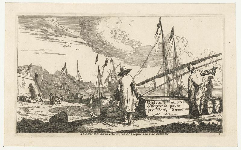 Gravura de Reinier Nooms retratando uma tranquila baía mediterrânea com barcos.