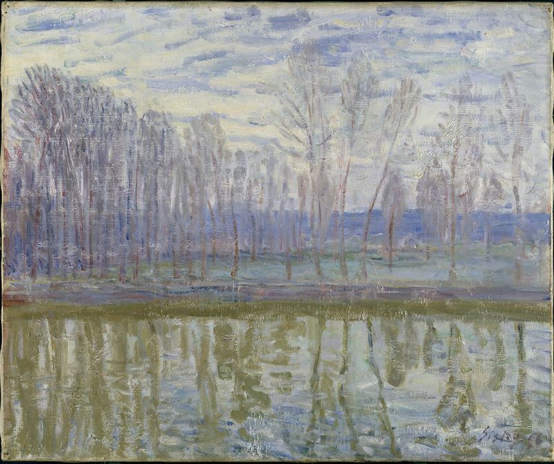 On the Shores of Loing de Alfred Sisley, óleo sobre tela que retrata uma paisagem de rio com uma figura.