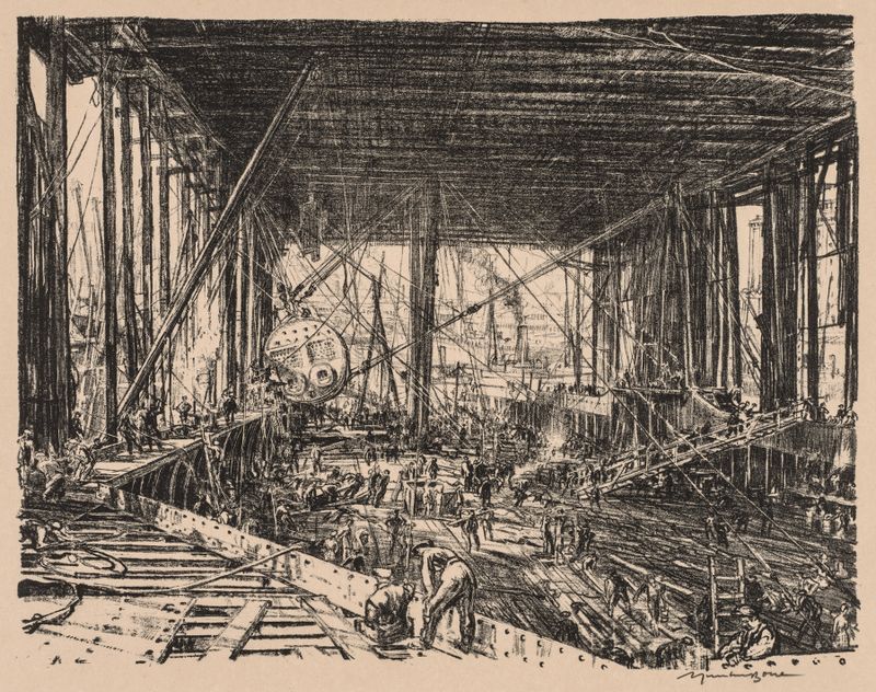 Interior view of a train ferry floor by Muirhead Bone, 1917-1918, wood texture