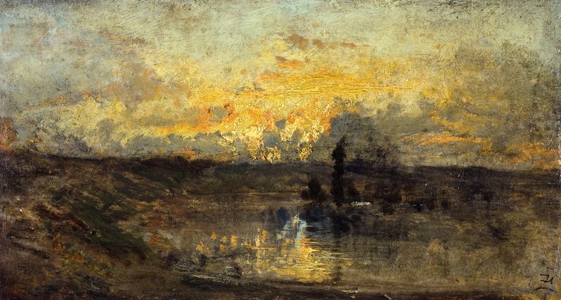 Paisagem de rio de Félix Ziem, Romanticismo, representando reflexos na água.
