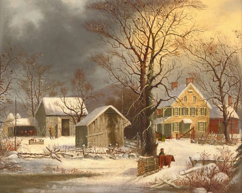 Winter in the Country, an oil painting by George Henry Durrie depicting a snowy New England farmstead.