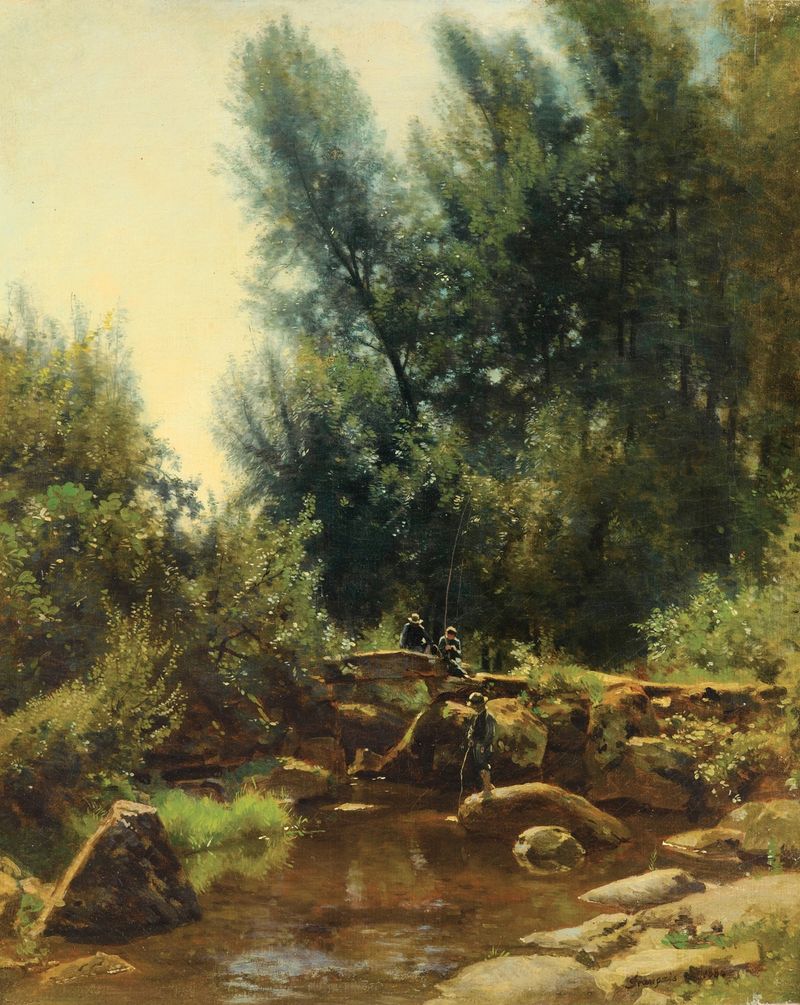 La partie de pêche by Francois-Louis Français, impressionism, depicting a serene fishing scene on water