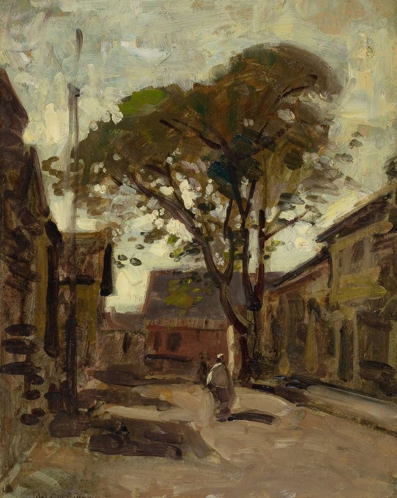 View of a town square with a man, oil on canvas by Paul Cornoyer