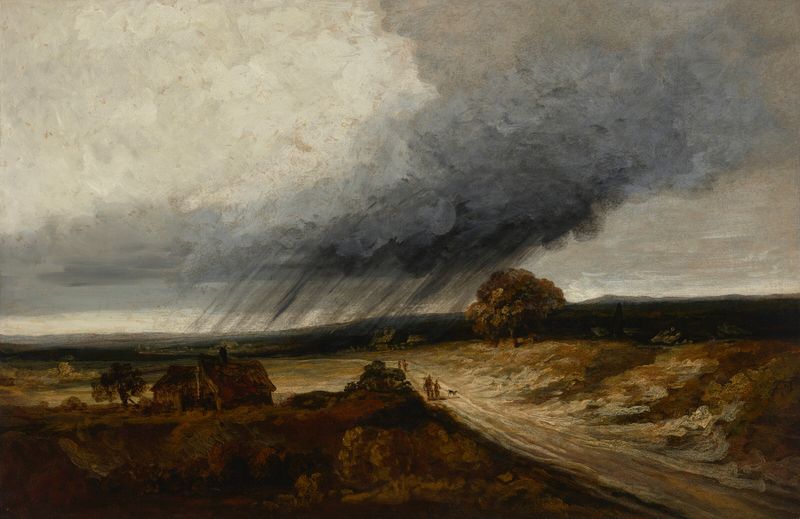 The Approaching Storm by Georges Michel, oil painting depicting a dark sky and illuminated foreground.