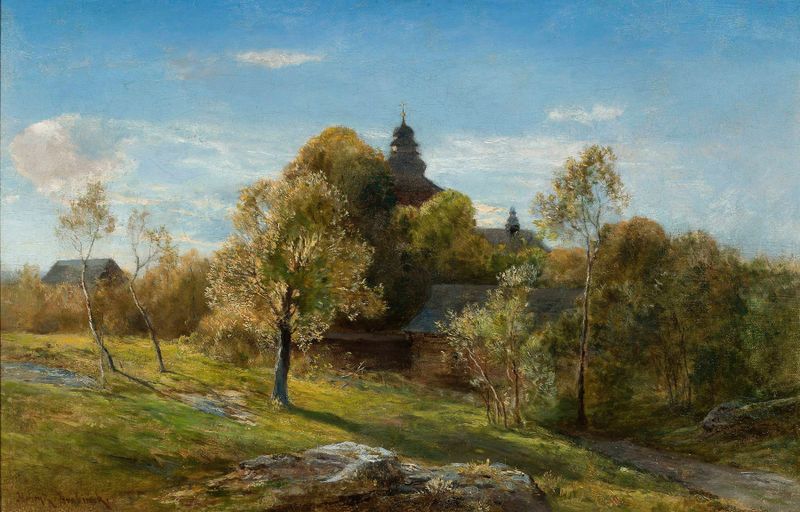 Landscape with a church hidden behind trees, oil on canvas by Henryk Grabiński