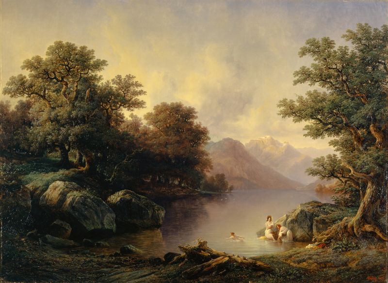 Oil painting by François Diday depicting bathers by Lake Brienz with mountains in the background.