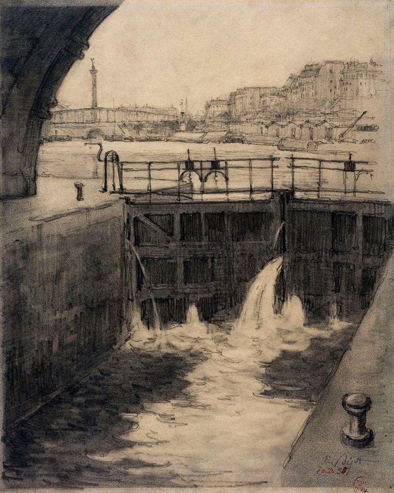 Ecluse du canal Saint-Martin by Eugène Béjot, oil painting depicting a canal at dawn.