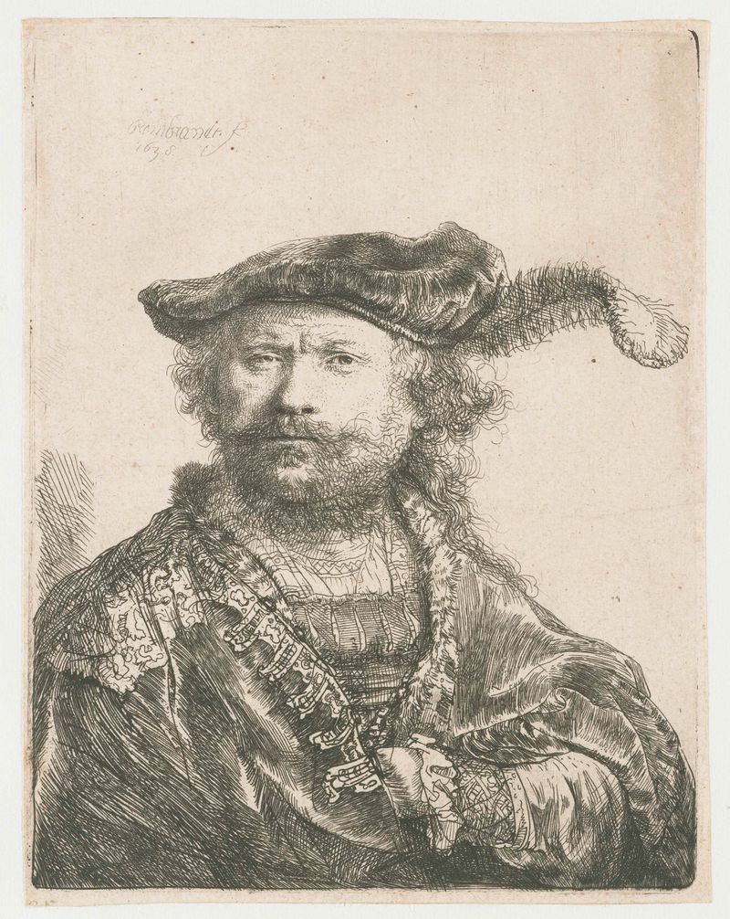 Autorretrato en un capucho de terciopelo con pluma, grabado de Rembrandt van Rijn