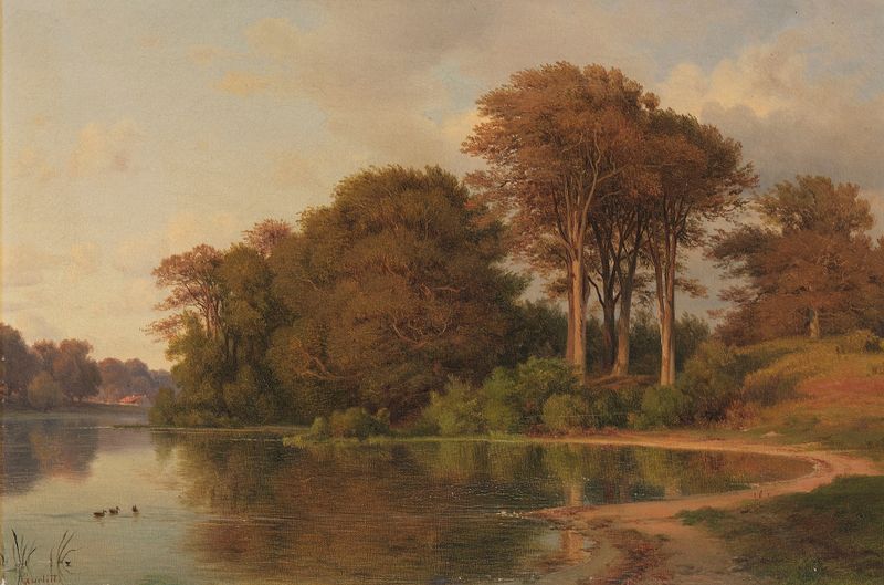 Romanticism landscape by Louis Gurlitt, featuring a lake and trees.