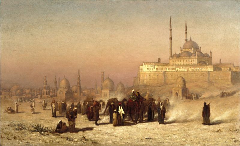 Oil on canvas by Louis Comfort Tiffany depicting the Citadel Mosque and Mamelukes in Cairo