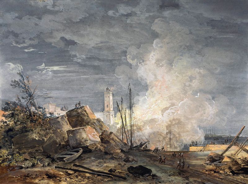 Fire in the Port, oil on canvas by Louis Gabriel Moreau, depicting a chaotic marine scene with flames and dark sky.