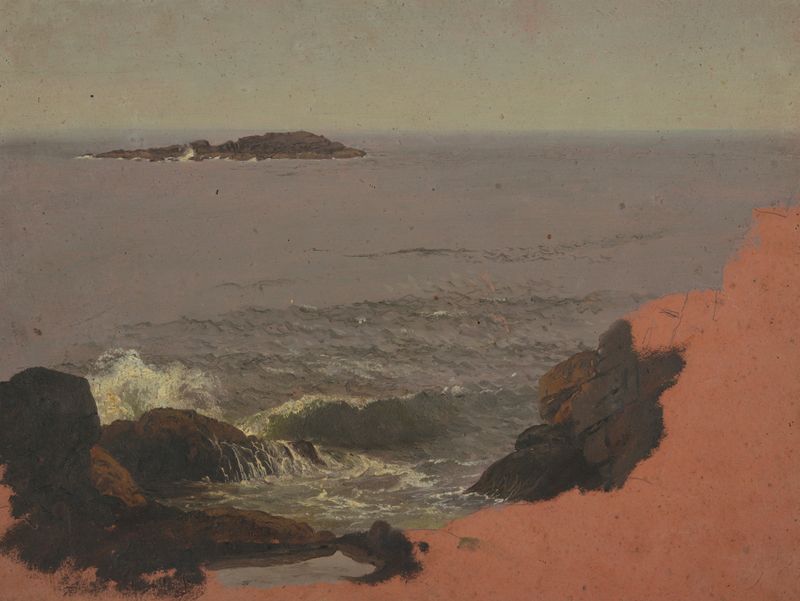 Maine Coast pintura a óleo de Frederic Edwin Church retratando uma costa acidentada ao pôr do sol.