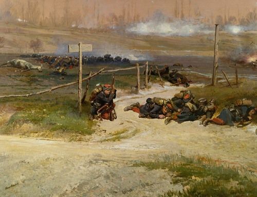 A dramatic scene depicting soldiers in a battle setting.