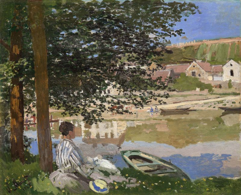 On the Bank of the Seine, Bennecourt de Claude Monet, pintura a óleo que retrata uma paisagem fluvial
