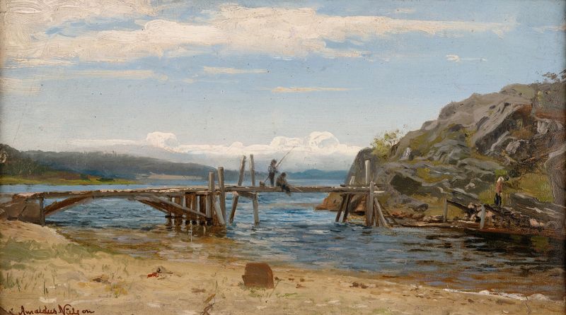 Marine scene with calm waters and clouds, oil painting by Amaldus Nielsen