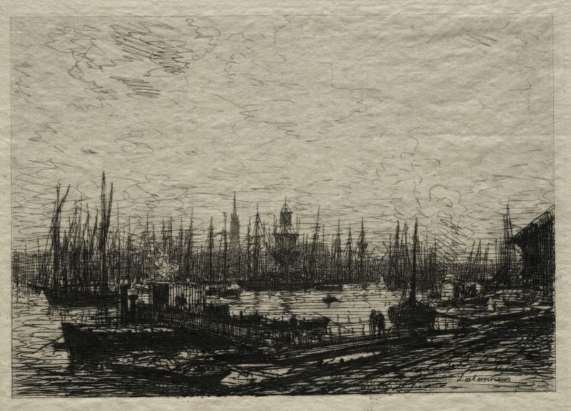 Oil painting by Maxime Lalanne depicting a harbor with a fishing boat.