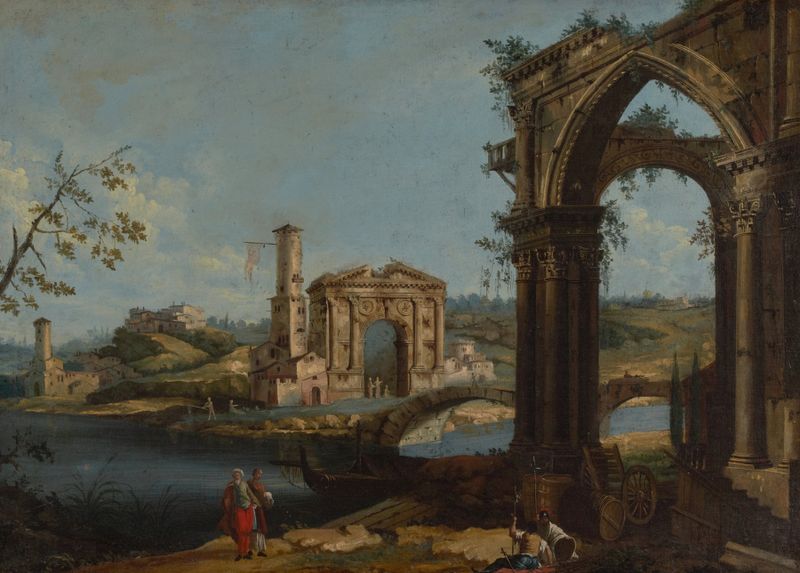 Escena Italiana con Ruinas, óleo sobre lienzo de Gaetano Vetturali, con ruinas antiguas en luz dorada.