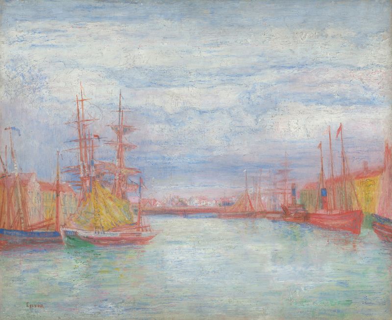 Post-Impressionism oil painting by James Ensor depicting a lively harbor with boats and vibrant water reflections.