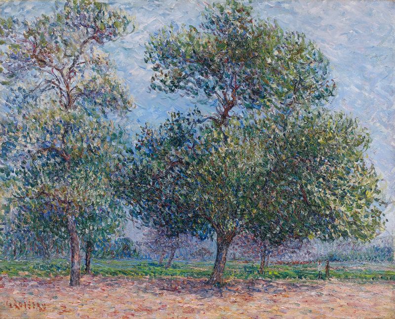 Óleo sobre tela de Gustave Loiseau retratando macieiras em flor na primavera.