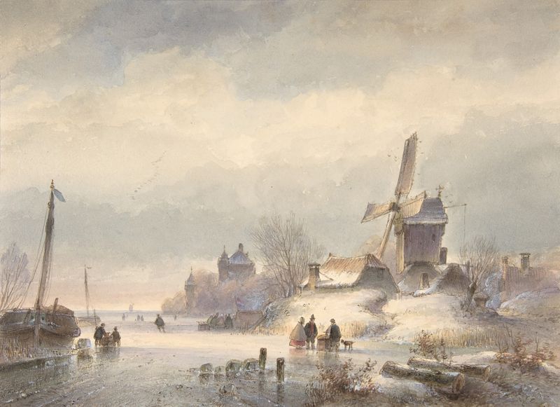 Winter landscape with frozen river by Lodewijk Johannes Kleijn, oil painting