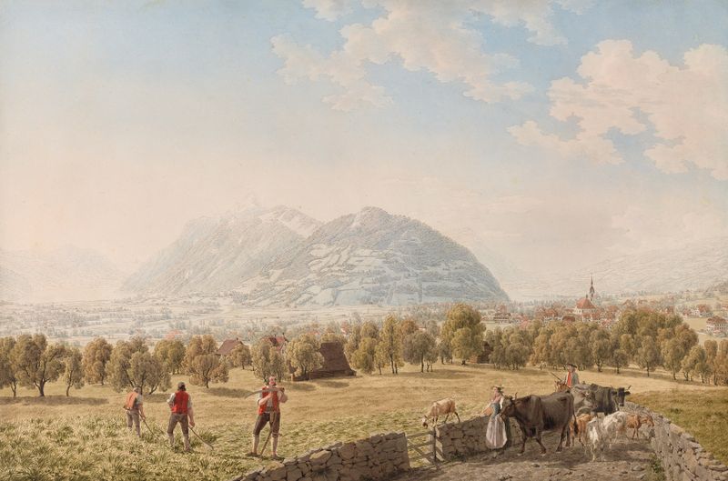 Landscape by Johann Jakob Biedermann, depicting mountains and light, unknown medium.