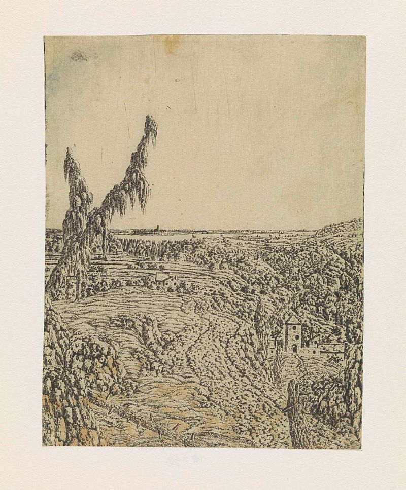 Landscape with a plateau and a river in the distance, etching by Hercules Segers