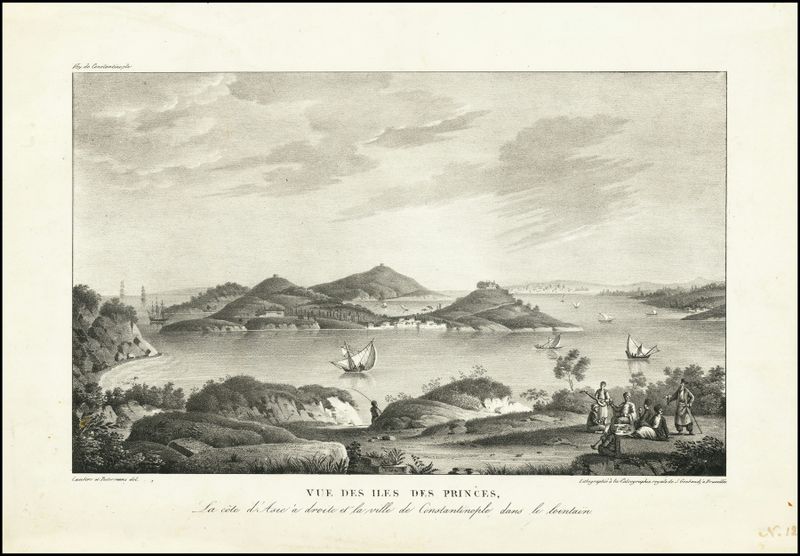 Vue des Iles des Princes, óleo sobre lienzo de Antoine Ignace Melling que representa un paisaje con agua y una ciudad lejana.