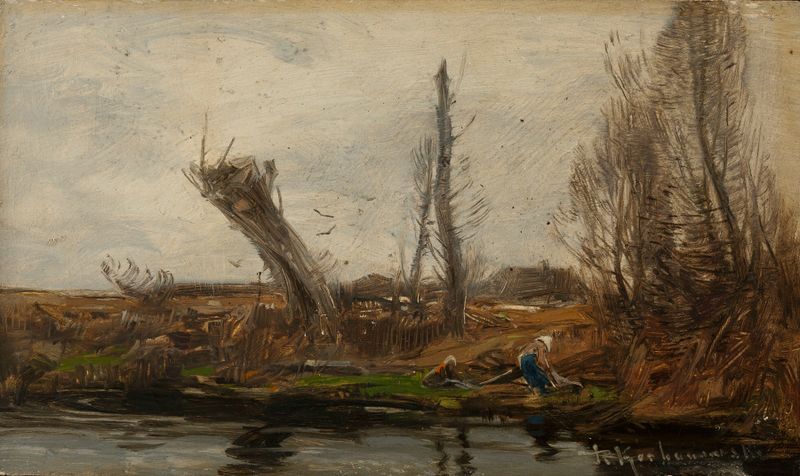 Willows at waterside by Roman Kazimierz Kochanowski, impressionism, depicting tranquil water and reflections.