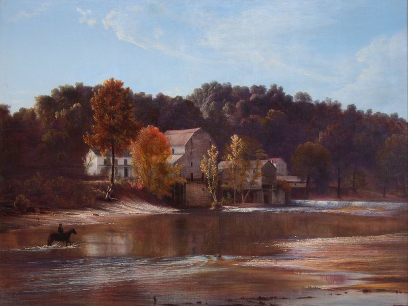 Paisaje que muestra un molino bajo un cielo tormentoso de Godfrey Frankenstein, pintura al óleo