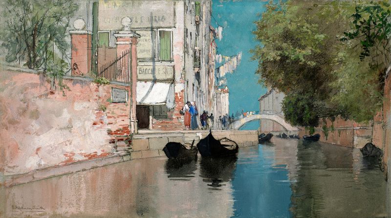 Gondola gliding on water in Venice, oil painting by Francis Hopkinson Smith